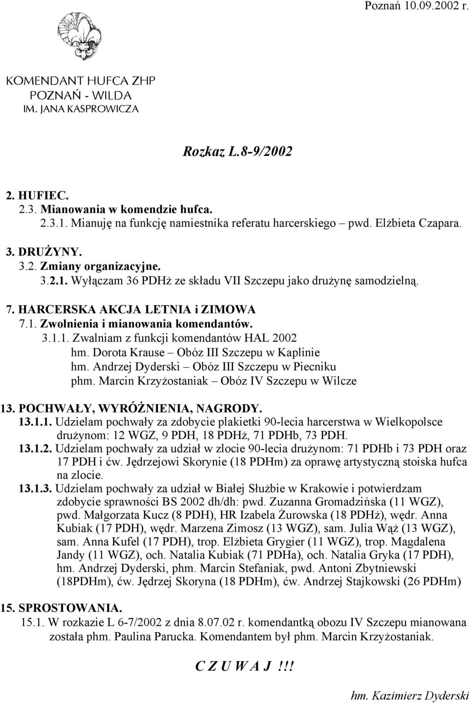 Dorota Krause Obóz III Szczepu w Kaplinie hm. Andrzej Dyderski Obóz III Szczepu w Piecniku phm. Marcin Krzyżostaniak Obóz IV Szczepu w Wilcze 13
