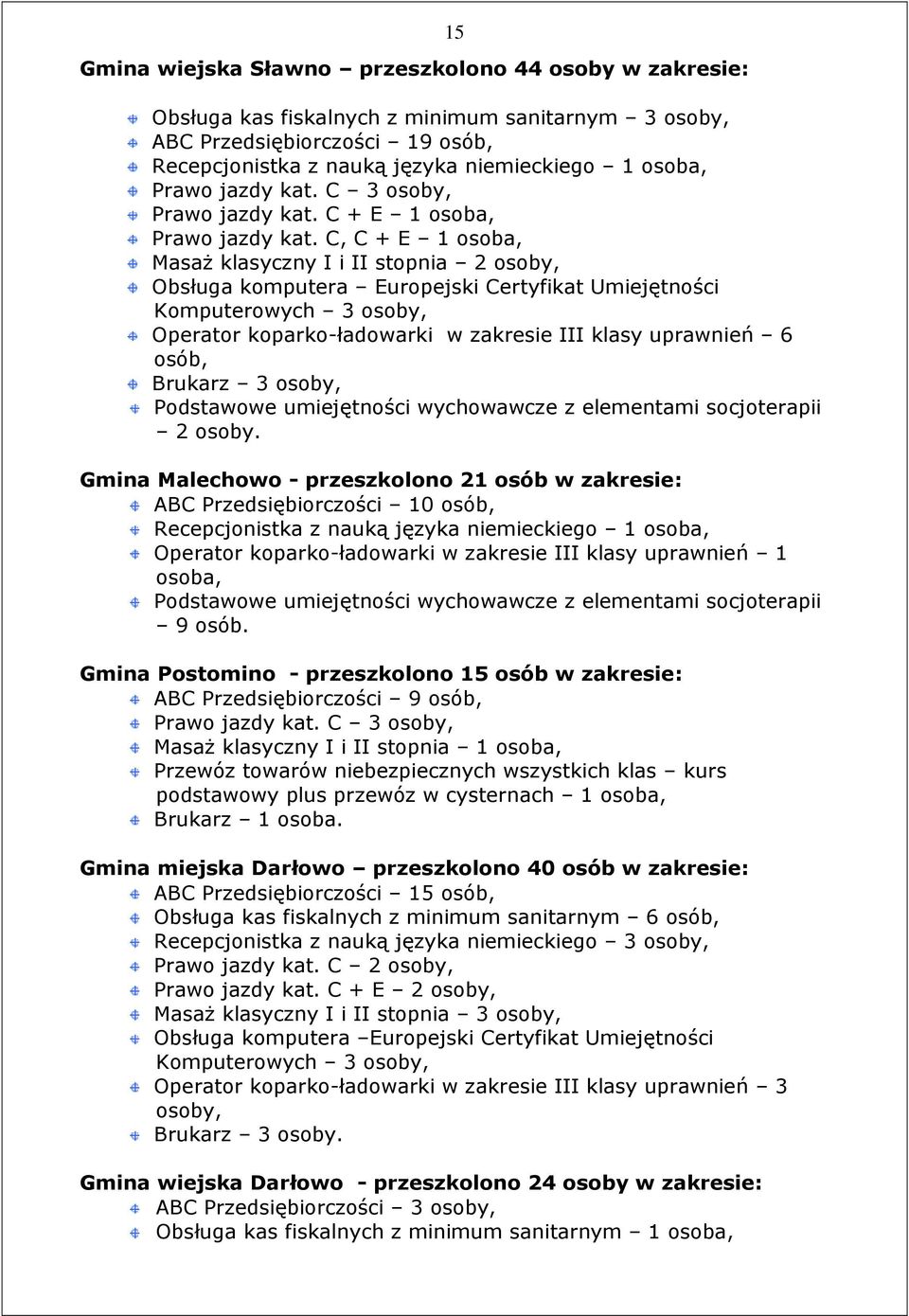 C, C + E 1 osoba, MasaŜ klasyczny I i II stopnia 2 osoby, Obsługa komputera Europejski Certyfikat Umiejętności Komputerowych 3 osoby, Operator koparko-ładowarki w zakresie III klasy uprawnień 6 osób,