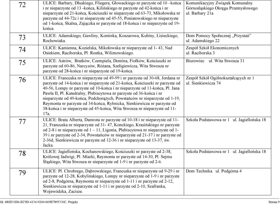 ULICE: Adamskiego, Gawliny, Kominka, Koszarowa, Kubiny, Lisieckiego, 73 Rochowiaka. ULICE: Kamienna, Kozielska, Mikołowska nr nieparzyste od 1-43, Nad 74 Osiekiem, Raciborska, Pl.