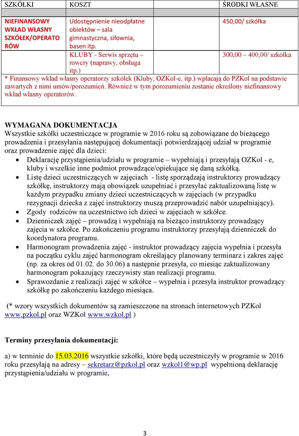 ) wpłacają do PZKol na podstawie zawartych z nimi umów/porozumień. Również w tym porozumieniu zostanie określony niefinansowy wkład własny operatorów.