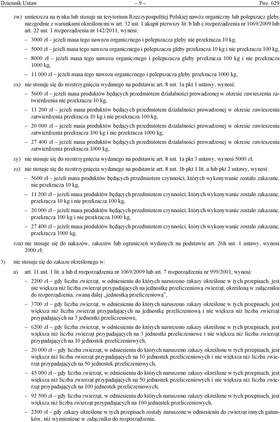 1 rozporządzenia nr 142/2011, wynosi: 3000 zł jeżeli masa tego nawozu organicznego i polepszacza gleby nie przekracza 10 kg, 5000 zł jeżeli masa tego nawozu organicznego i polepszacza gleby