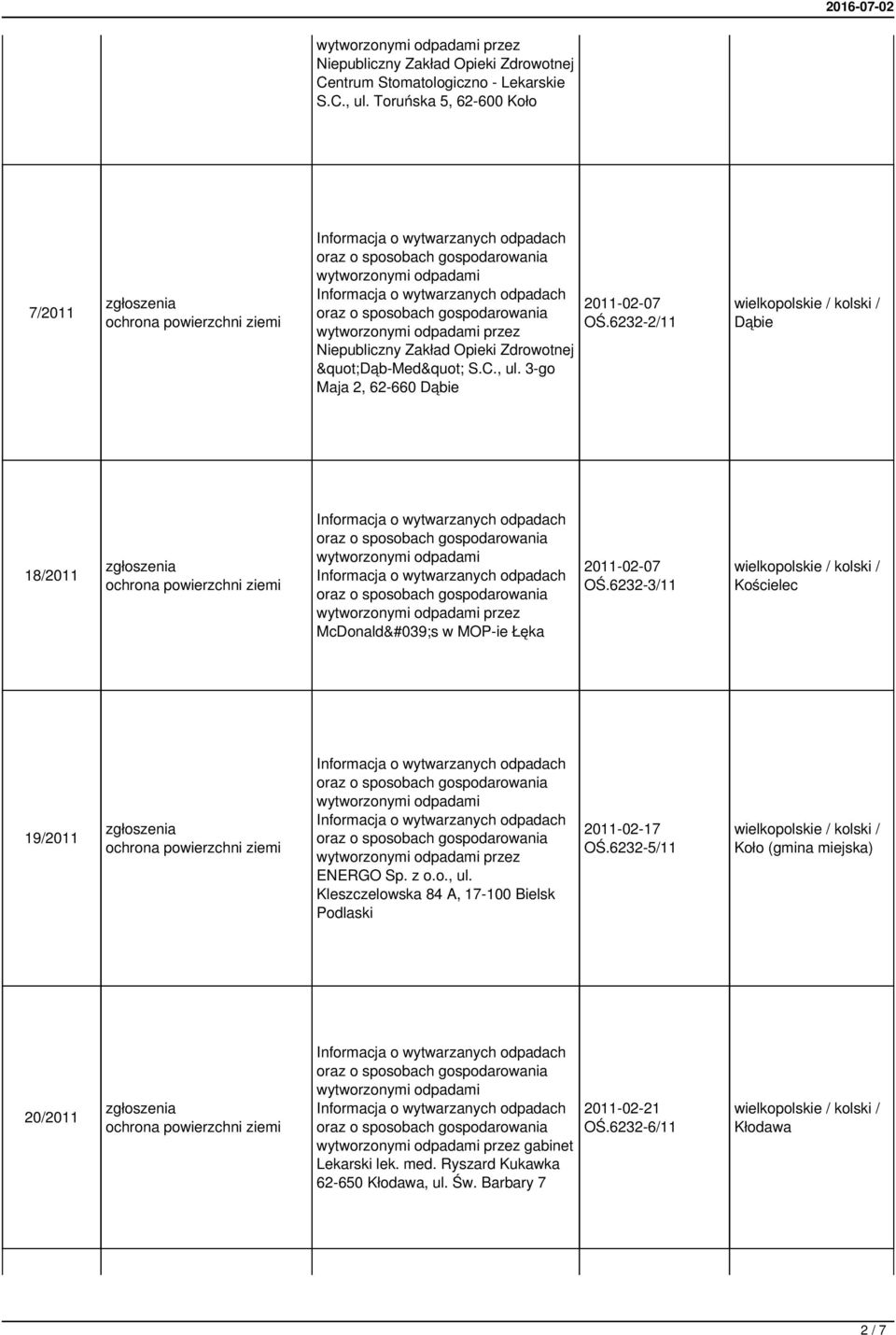 6232-2/11 Dąbie 18/2011 przez McDonald&#039;s w MOP-ie Łęka 2011-02-07 OŚ.6232-3/11 Kościelec 19/2011 przez ENERGO Sp. z o.o., ul.
