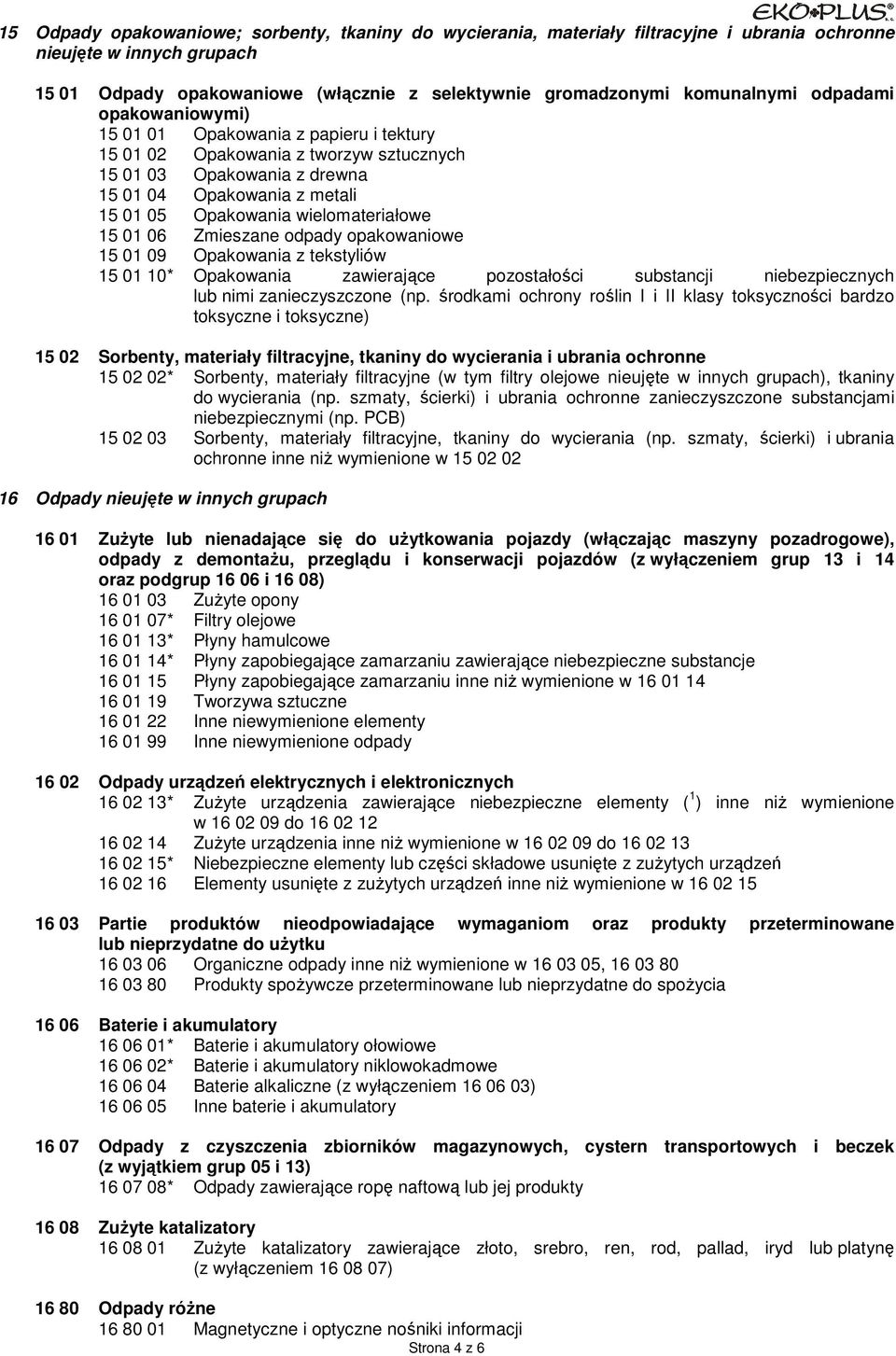 wielomateriałowe 15 01 06 Zmieszane odpady opakowaniowe 15 01 09 Opakowania z tekstyliów 15 01 10* Opakowania zawierające pozostałości substancji niebezpiecznych lub nimi zanieczyszczone (np.