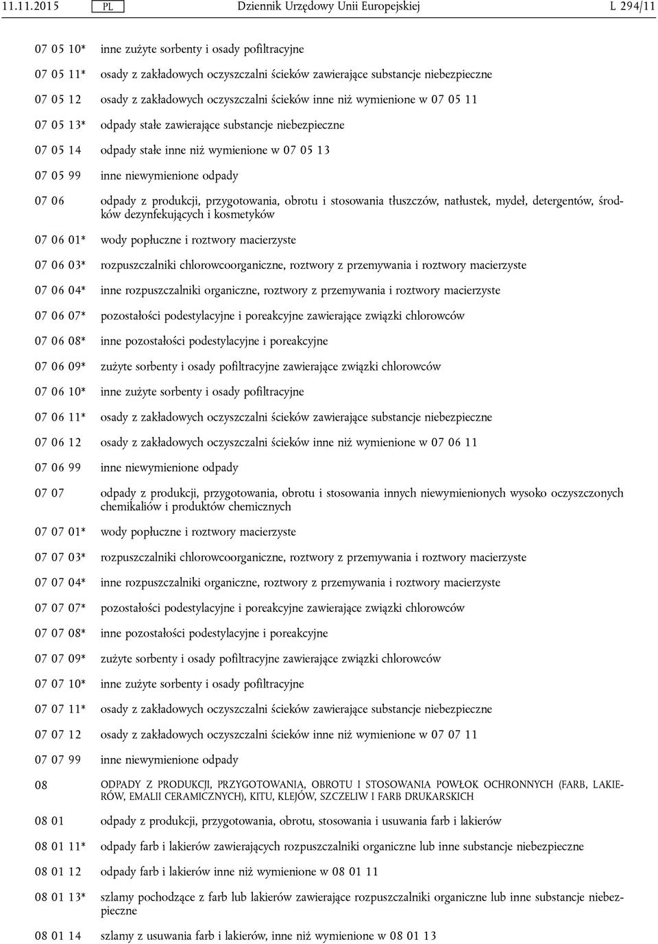 07 06 odpady z produkcji, przygotowania, obrotu i stosowania tłuszczów, natłustek, mydeł, detergentów, środków dezynfekujących i kosmetyków 07 06 01* wody popłuczne i roztwory macierzyste 07 06 03*