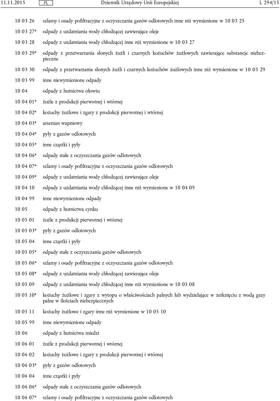 przetwarzania słonych żużli i czarnych kożuchów żużlowych inne niż wymienione w 10 03 29 10 03 99 inne niewymienione odpady 10 04 odpady z hutnictwa ołowiu 10 04 01* żużle z produkcji pierwotnej i