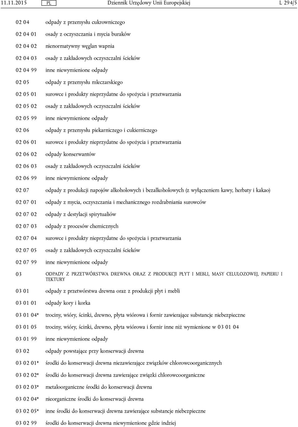 niewymienione odpady 02 06 odpady z przemysłu piekarniczego i cukierniczego 02 06 01 surowce i produkty nieprzydatne do spożycia i przetwarzania 02 06 02 odpady konserwantów 02 06 03 osady z