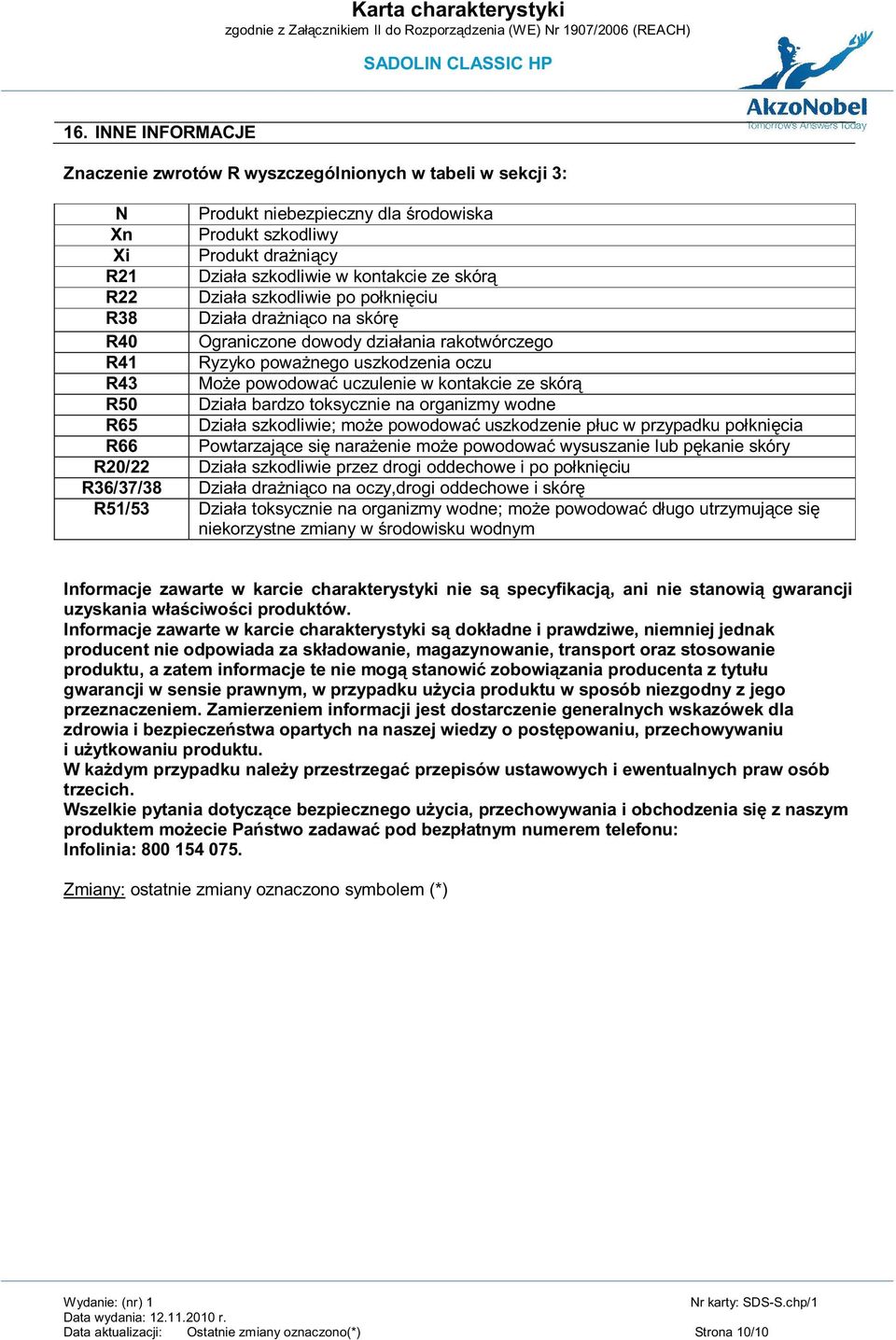 ze skórą R50 Działa bardzo toksycznie na organizmy wodne R65 Działa szkodliwie; może powodować uszkodzenie płuc w przypadku połknięcia R66 Powtarzające się narażenie może powodować wysuszanie lub