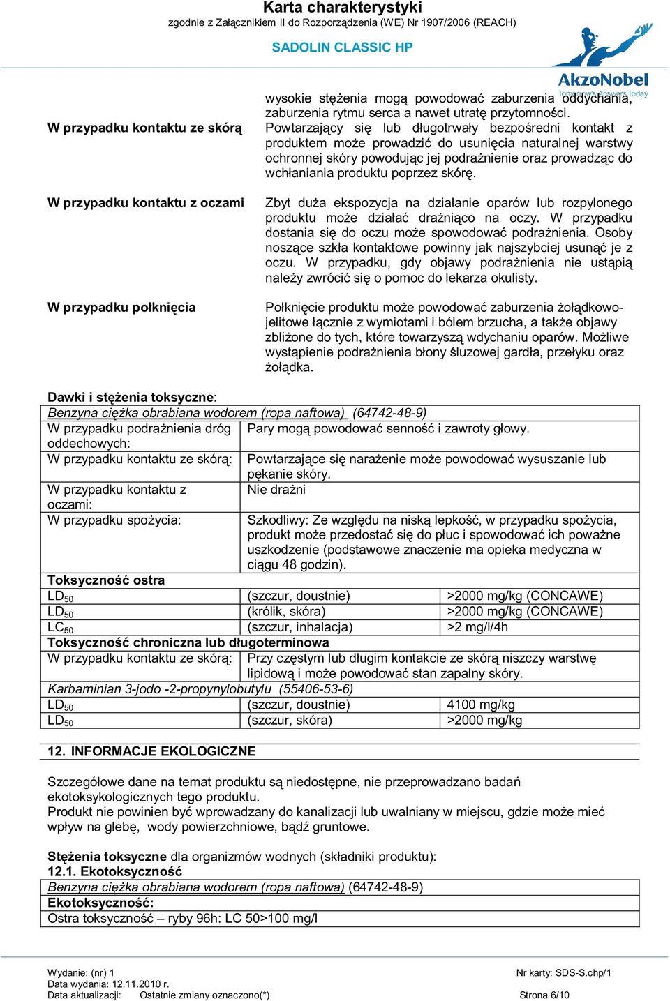 poprzez skórę. Zbyt duża ekspozycja na działanie oparów lub rozpylonego produktu może działać drażniąco na oczy. W przypadku dostania się do oczu może spowodować podrażnienia.