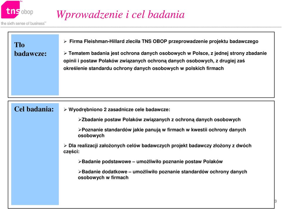 zasadnicze cele badawcze: Zbadanie postaw Polaków związanych z ochroną danych osobowych Poznanie standardów jakie panują w firmach w kwestii ochrony danych osobowych Dla realizacji