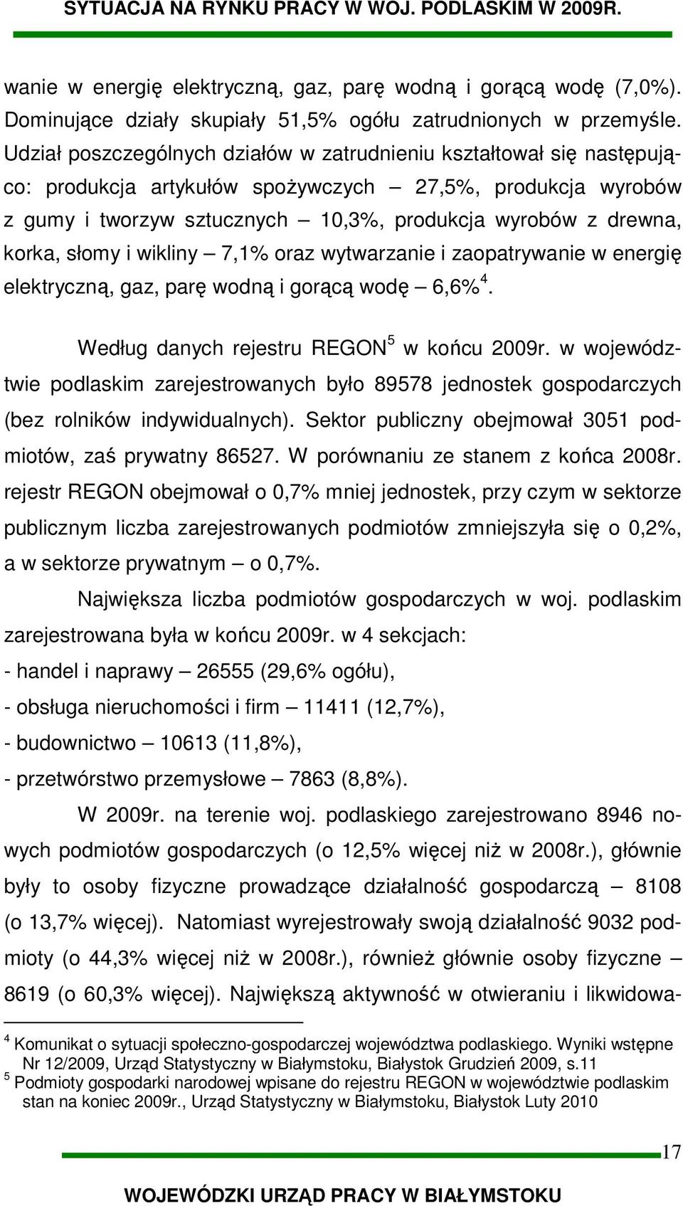 korka, słomy i wikliny 7,1% oraz wytwarzanie i zaopatrywanie w energię elektryczną, gaz, parę wodną i gorącą wodę 6,6% 4. Według danych rejestru REGON 5 w końcu 2009r.