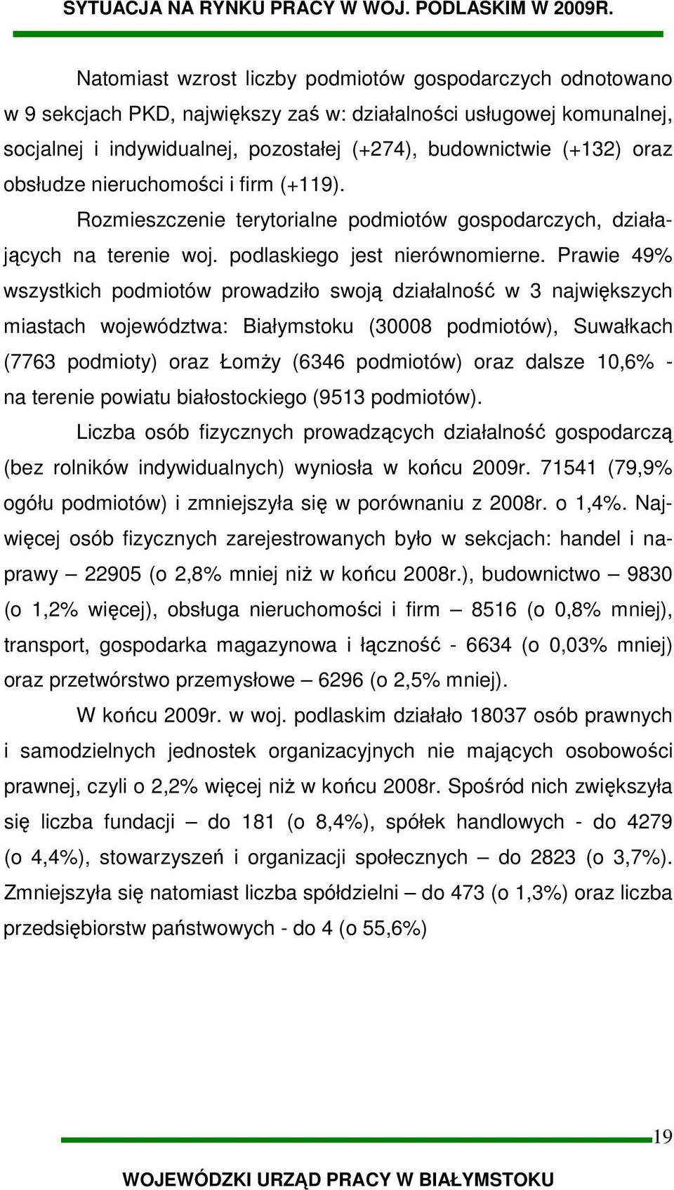 Prawie 49% wszystkich podmiotów prowadziło swoją działalność w 3 największych miastach województwa: Białymstoku (30008 podmiotów), Suwałkach (7763 podmioty) oraz ŁomŜy (6346 podmiotów) oraz dalsze