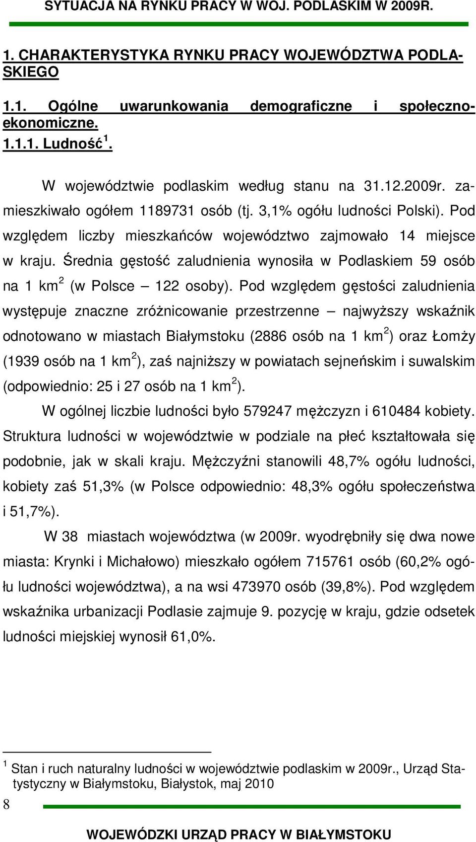 Średnia gęstość zaludnienia wynosiła w Podlaskiem 59 osób na 1 km 2 (w Polsce 122 osoby).