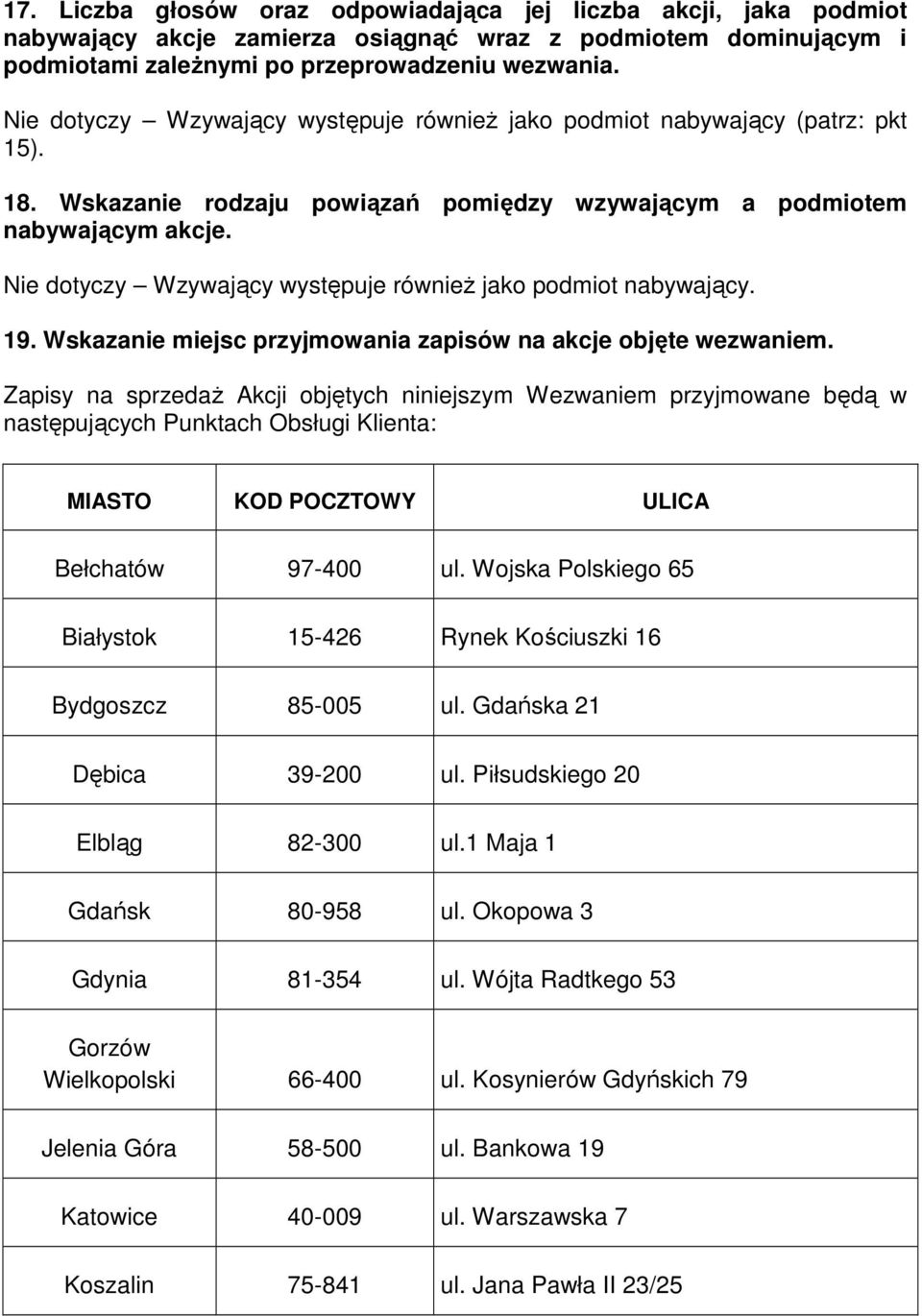 Nie dotyczy Wzywający występuje równieŝ jako podmiot nabywający. 19. Wskazanie miejsc przyjmowania zapisów na akcje objęte wezwaniem.