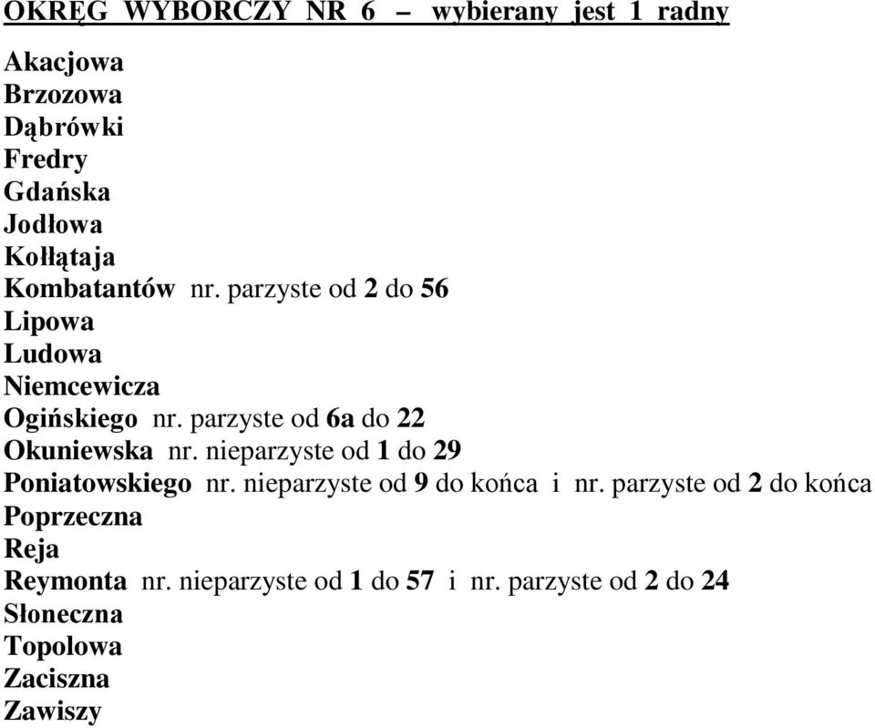 parzyste od 6a do 22 Okuniewska nr. nieparzyste od 1 do 29 Poniatowskiego nr.