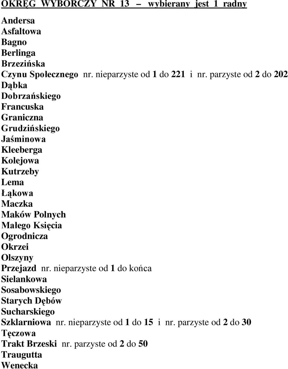 parzyste od 2 do 202 Dąbka Dobrzańskiego Francuska Graniczna Grudzińskiego Jaśminowa Kleeberga Kolejowa Kutrzeby Lema Łąkowa Maczka