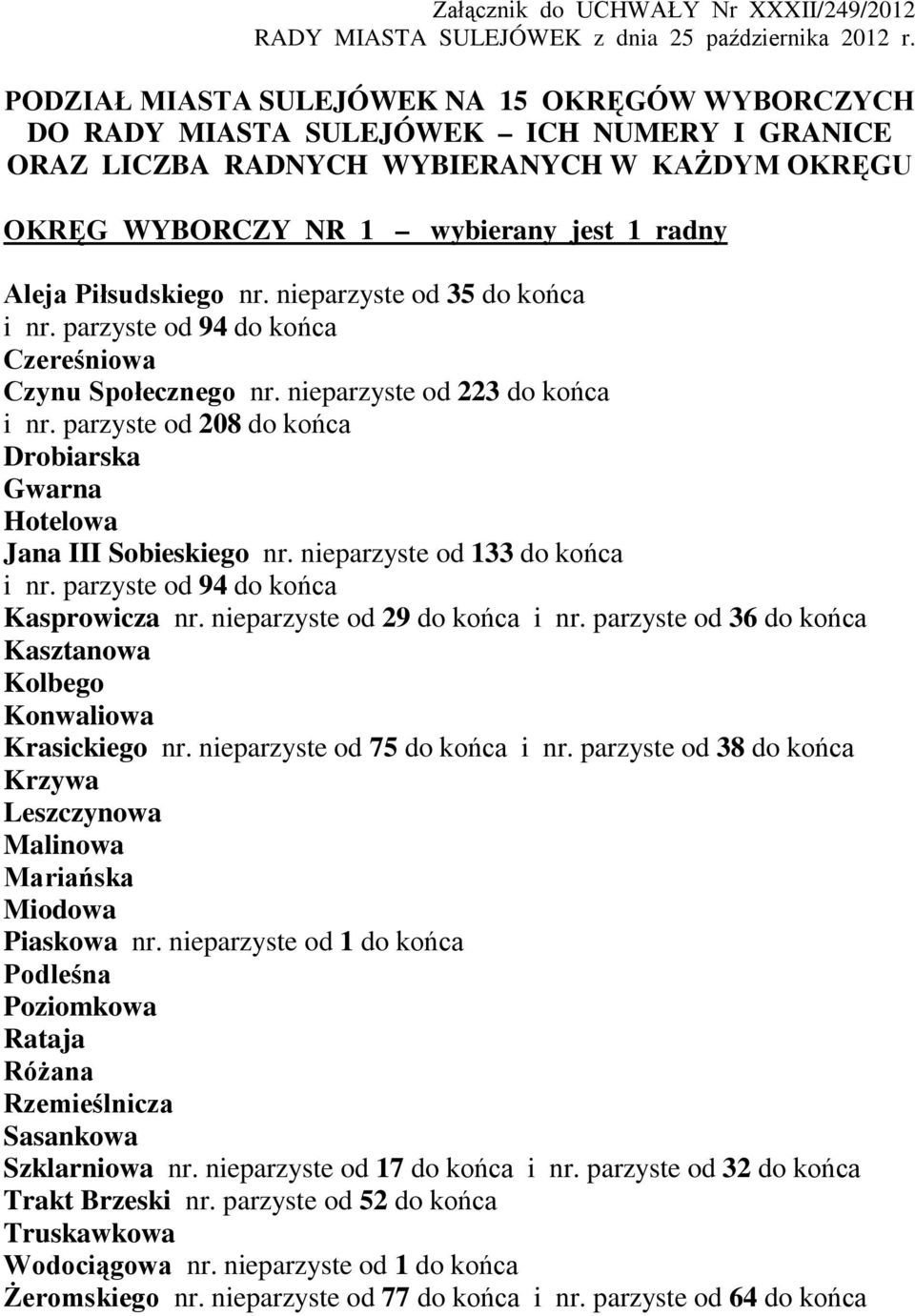 Piłsudskiego nr. nieparzyste od 35 do końca i nr. parzyste od 94 do końca Czereśniowa Czynu Społecznego nr. nieparzyste od 223 do końca i nr.