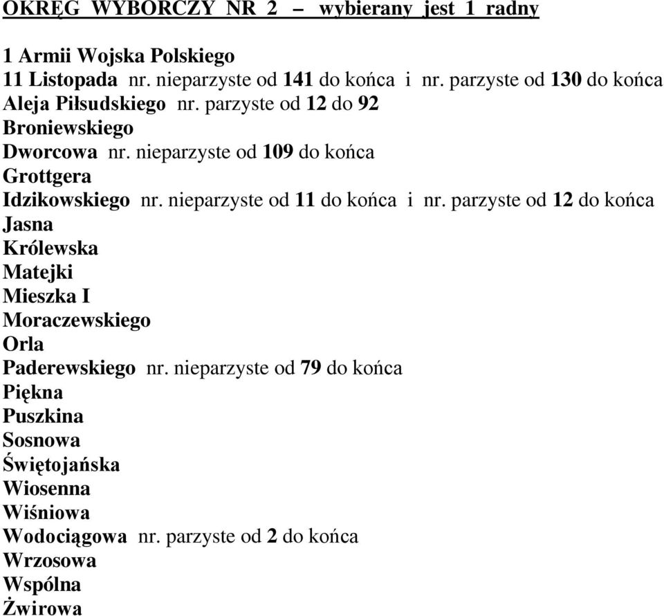 nieparzyste od 109 do końca Grottgera Idzikowskiego nr. nieparzyste od 11 do końca i nr.