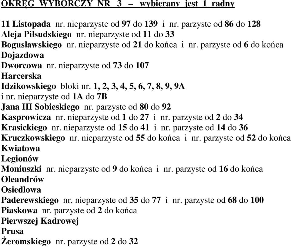 nieparzyste od 1A do 7B Jana III Sobieskiego nr. parzyste od 80 do 92 Kasprowicza nr. nieparzyste od 1 do 27 i nr. parzyste od 2 do 34 Krasickiego nr. nieparzyste od 15 do 41 i nr.