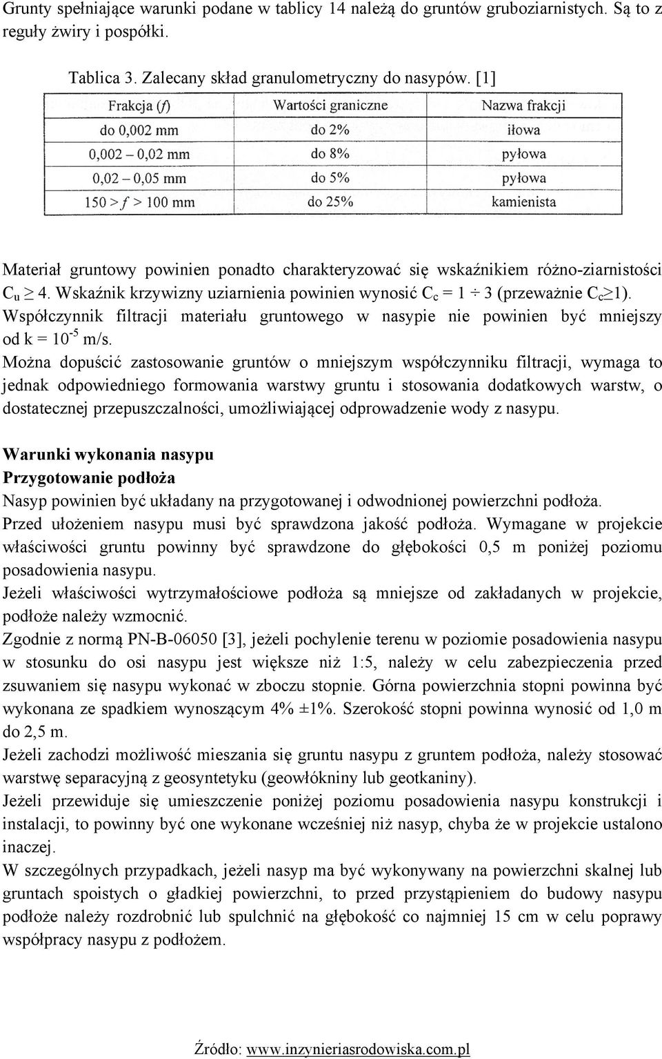 Współczynnik filtracji materiału gruntowego w nasypie nie powinien być mniejszy od k = 10-5 m/s.