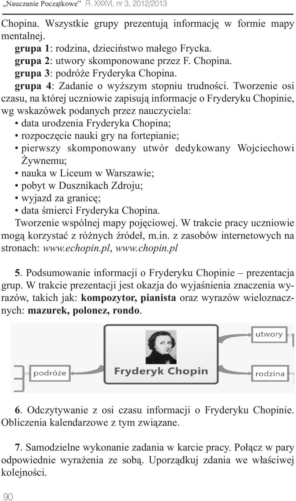 Tworzenie osi czasu, na której uczniowie zapisują informacje o Fryderyku Chopinie, wg wskazówek podanych przez nauczyciela: data urodzenia Fryderyka Chopina; rozpoczęcie nauki gry na fortepianie;