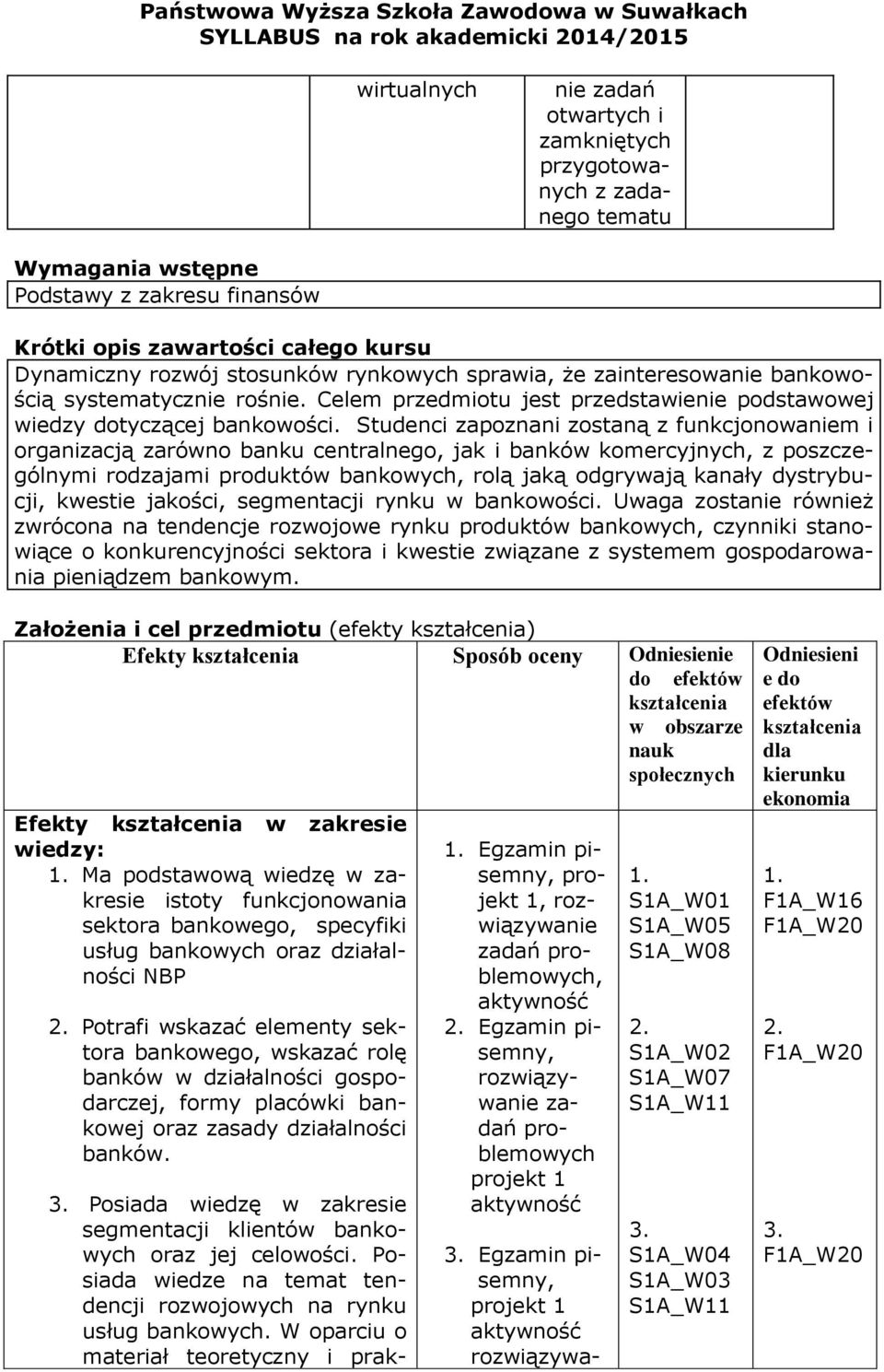 Studenci zapoznani zostaną z funkcjonowaniem i organizacją zarówno banku centralnego, jak i banków komercyjnych, z poszczególnymi rodzajami produktów bankowych, rolą jaką odgrywają kanały