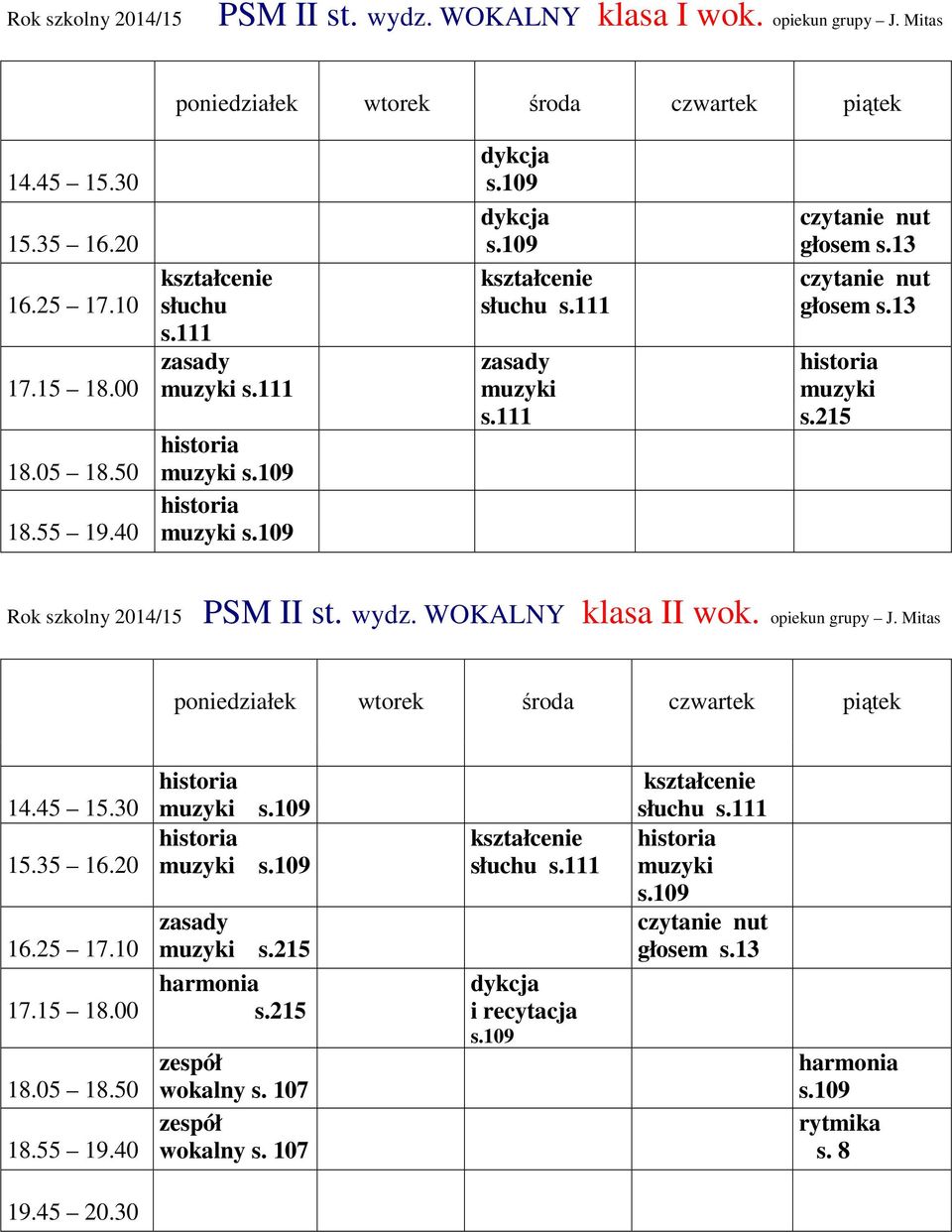 13 Rok szkolny 2014/15 PSM II st. wydz. WOKALNY klasa II wok. opiekun grupy J.