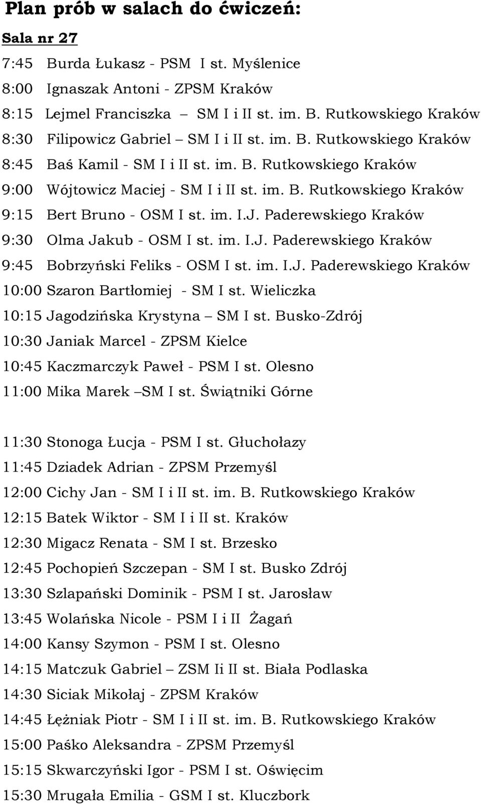 Wieliczka 10:15 Jagodzińska Krystyna SM I st. Busko-Zdrój 10:30 Janiak Marcel - ZPSM Kielce 10:45 Kaczmarczyk Paweł - PSM I st. Olesno 11:00 Mika Marek SM I st.