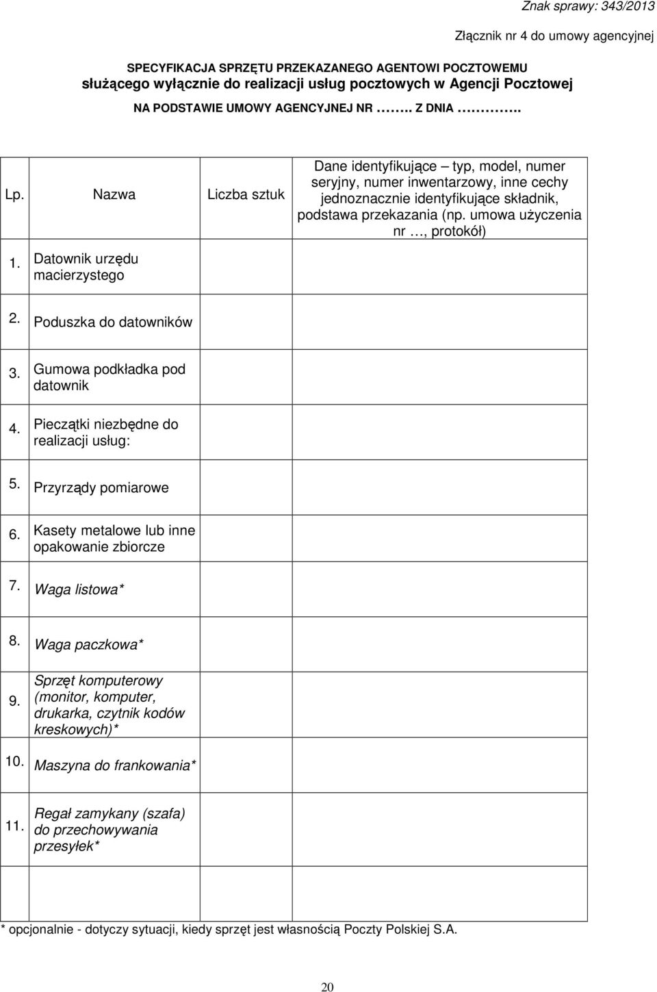 Datownik urzędu macierzystego 2. Poduszka do datowników 3. Gumowa podkładka pod datownik 4. Pieczątki niezbędne do realizacji usług: 5. Przyrządy pomiarowe 6.