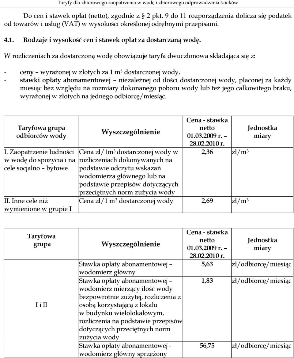 dostarczonej wody, płaconej za każdy miesiąc bez względu na rozmiary dokonanego poboru wody lub też jego całkowitego braku, wyrażonej w złotych na jednego odbiorcę/miesiąc.