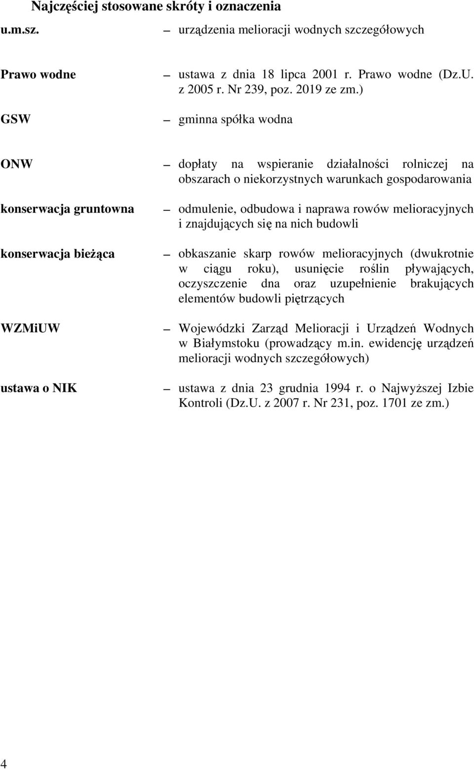 odbudowa i naprawa rowów melioracyjnych i znajdujących się na nich budowli obkaszanie skarp rowów melioracyjnych (dwukrotnie w ciągu roku), usunięcie roślin pływających, oczyszczenie dna oraz