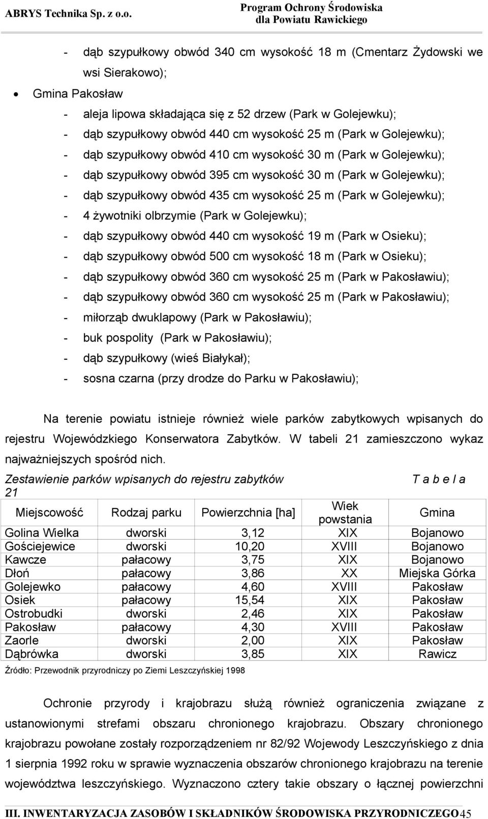 w Golejewku); - 4 żywotniki olbrzymie (Park w Golejewku); - dąb szypułkowy obwód 440 cm wysokość 19 m (Park w Osieku); - dąb szypułkowy obwód 500 cm wysokość 18 m (Park w Osieku); - dąb szypułkowy