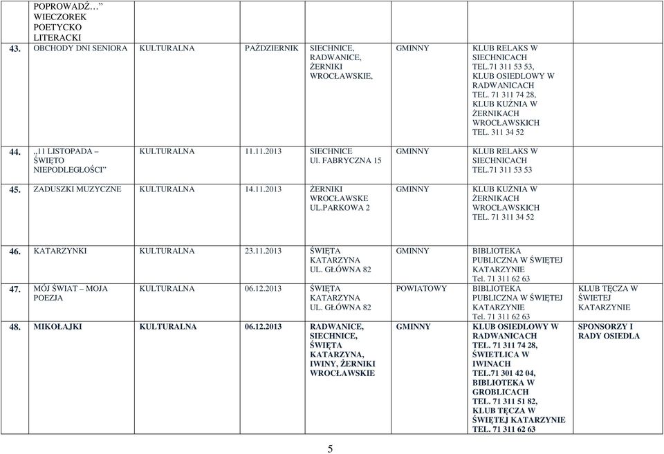 71 311 34 52 46. KATARZYNKI KULTURALNA 23.11.2013 47. MÓJ ŚWIAT MOJA POEZJA KULTURALNA 06.12.2013 48. MIKOŁAJKI KULTURALNA 06.12.2013,, IWINY, ŻERNIKI ŚWIĘTEJ Tel.