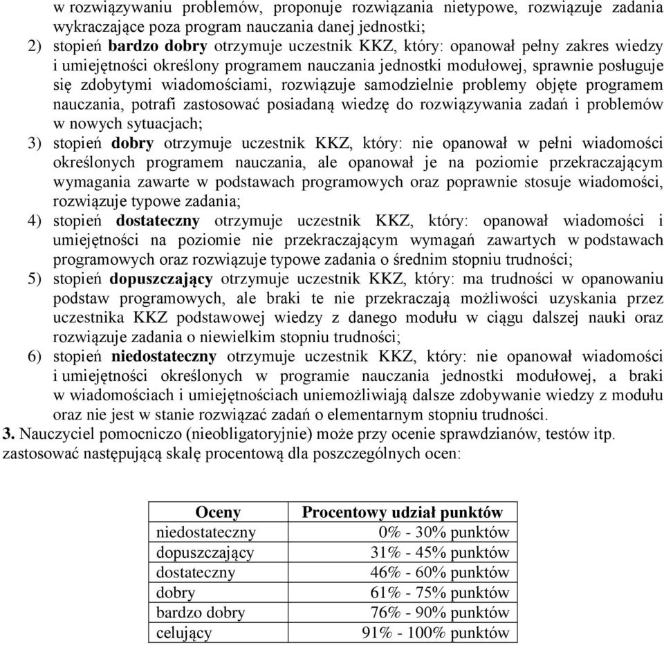 zastosować posiadaną wiedzę do rozwiązywania zadań i problemów w nowych sytuacjach; 3) stopień dobry otrzymuje uczestnik KKZ, który: nie opanował w pełni wiadomości określonych programem uczania, ale