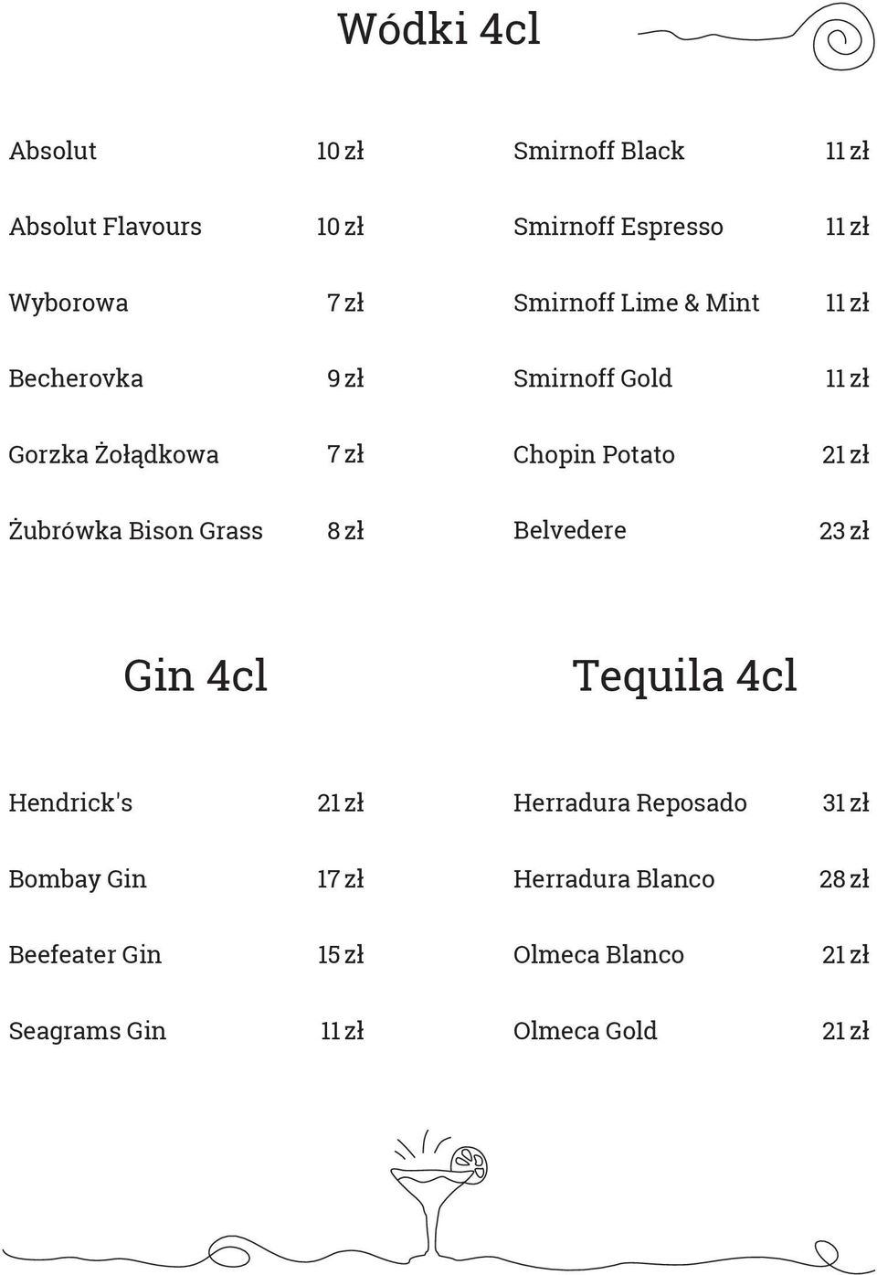 Żubrówka Bison Grass 8 zł Belvedere 23 zł Gin 4cl Tequila 4cl Hendrick's Herradura Reposado