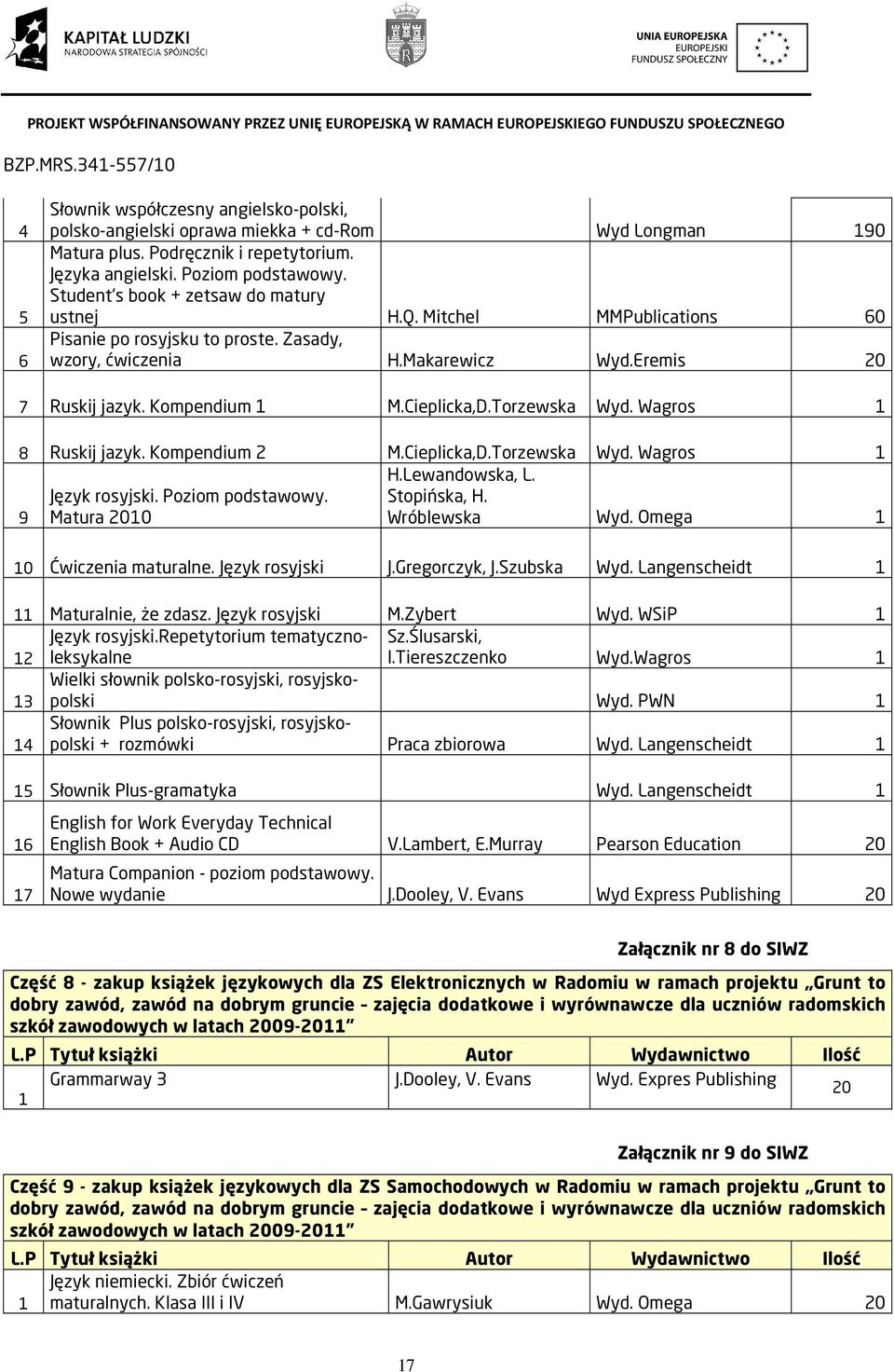 Torzewska Wyd. Wagros 1 8 Ruskij jazyk. Kompendium 2 M.Cieplicka,D.Torzewska Wyd. Wagros 1 9 Język rosyjski. Poziom podstawowy. Matura 2010 H.Lewandowska, L. Stopińska, H. Wróblewska Wyd.