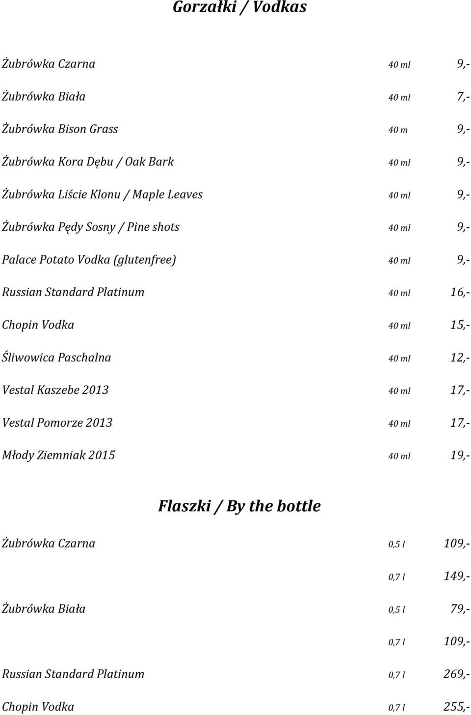 Chopin Vodka 40 ml 15,- Śliwowica Paschalna 40 ml 12,- Vestal Kaszebe 2013 40 ml 17,- Vestal Pomorze 2013 40 ml 17,- Młody Ziemniak 2015 40 ml 19,- Flaszki