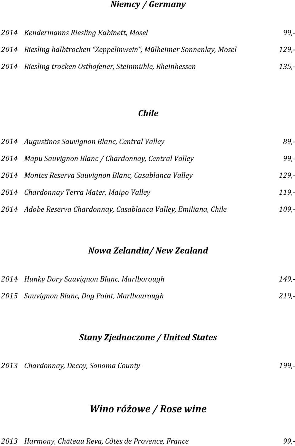 Chardonnay Terra Mater, Maipo Valley 119,- 2014 Adobe Reserva Chardonnay, Casablanca Valley, Emiliana, Chile 109,- Nowa Zelandia/ New Zealand 2014 Hunky Dory Sauvignon Blanc, Marlborough 149,- 2015