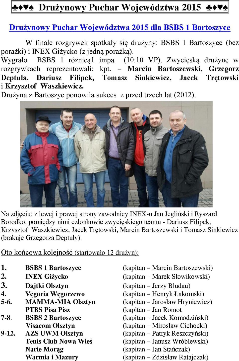 Marcin Bartoszewski, Grzegorz Deptuła, Dariusz Filipek, Tomasz Sinkiewicz, Jacek Trętowski i Krzysztof Waszkiewicz. Drużyna z Bartoszyc ponowiła sukces z przed trzech lat (2012).