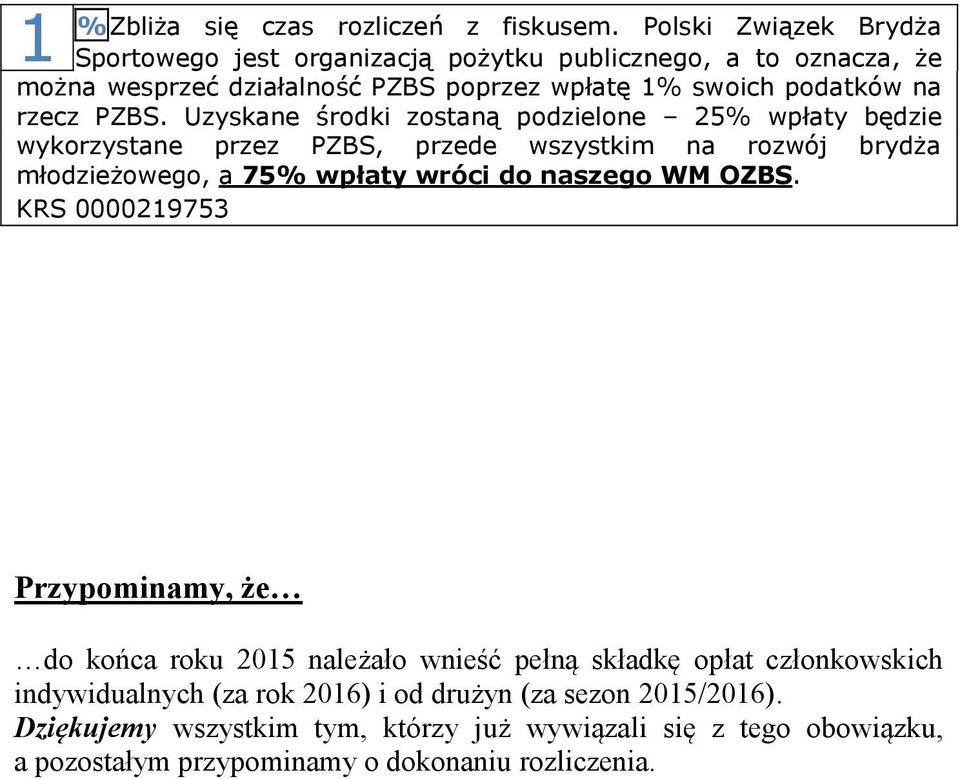 PZBS. Uzyskane środki zostaną podzielone 25% wpłaty będzie wykorzystane przez PZBS, przede wszystkim na rozwój brydża młodzieżowego, a 75% wpłaty wróci do naszego