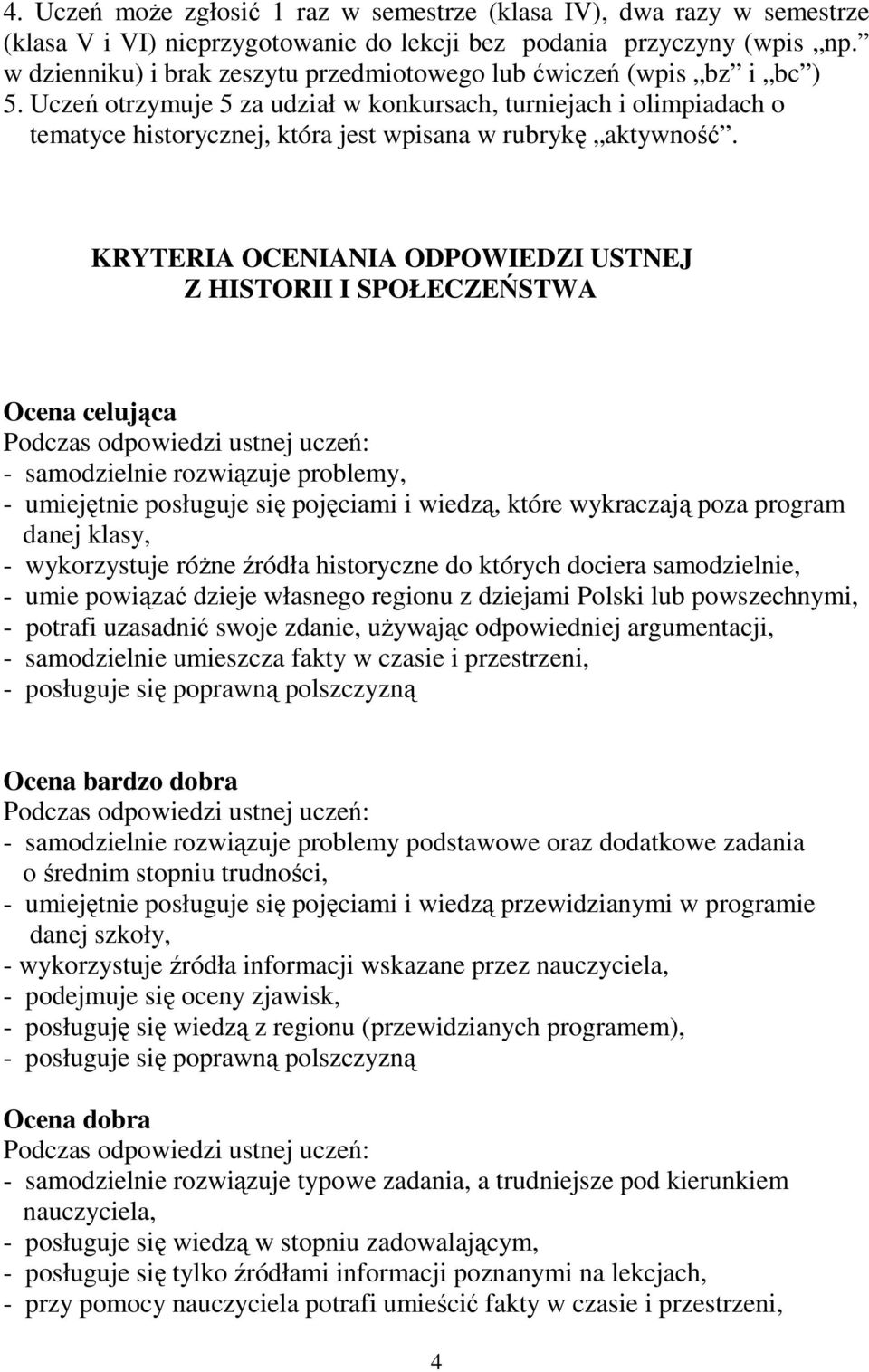 Uczeń otrzymuje 5 za udział w konkursach, turniejach i olimpiadach o tematyce historycznej, która jest wpisana w rubrykę aktywność.