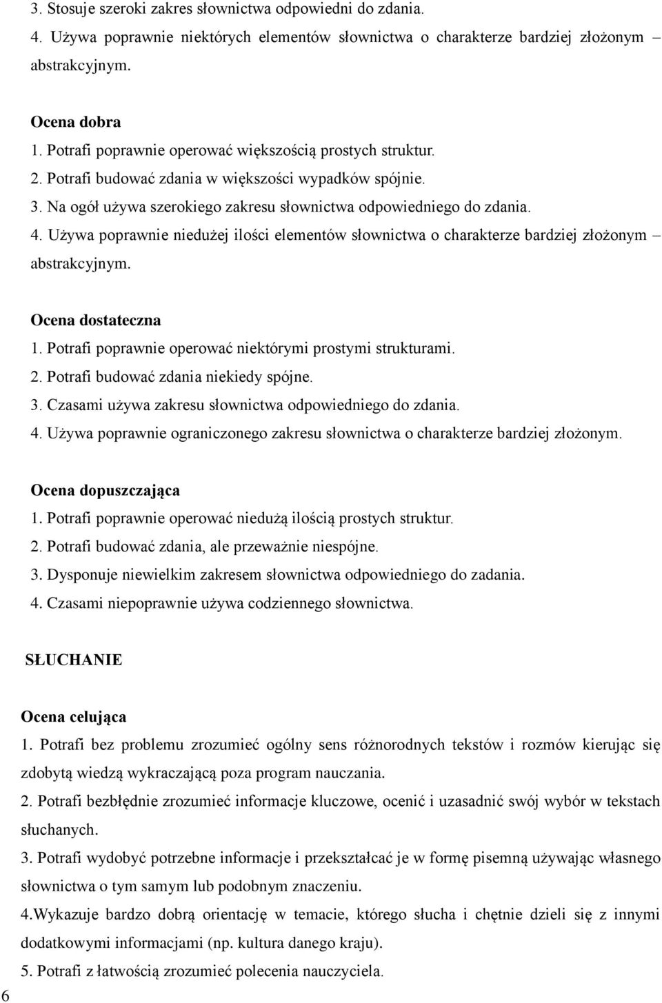 Używa poprawnie niedużej ilości elementów słownictwa o charakterze bardziej złożonym abstrakcyjnym. Ocena dostateczna 1. Potrafi poprawnie operować niektórymi prostymi strukturami. 2.