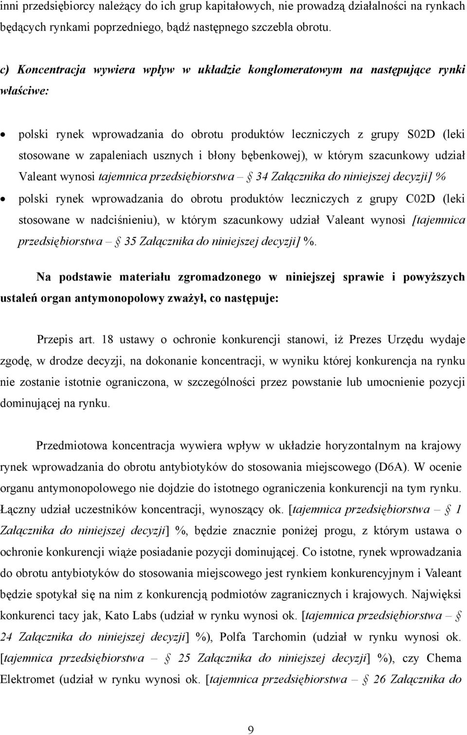 błony bębenkowej), w którym szacunkowy udział Valeant wynosi tajemnica przedsiębiorstwa 34 Załącznika do niniejszej decyzji] % polski rynek wprowadzania do obrotu produktów leczniczych z grupy C02D