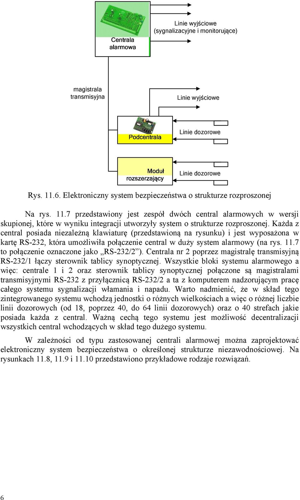 Każda z cnral posiada nizalżną klawiaurę przdsawioną na rysunku i js wyposażona w karę S-, kóra umożliwiła połączni cnral w duży sysm alarmowy na rys..7 o połączni oznaczon jako S-/.