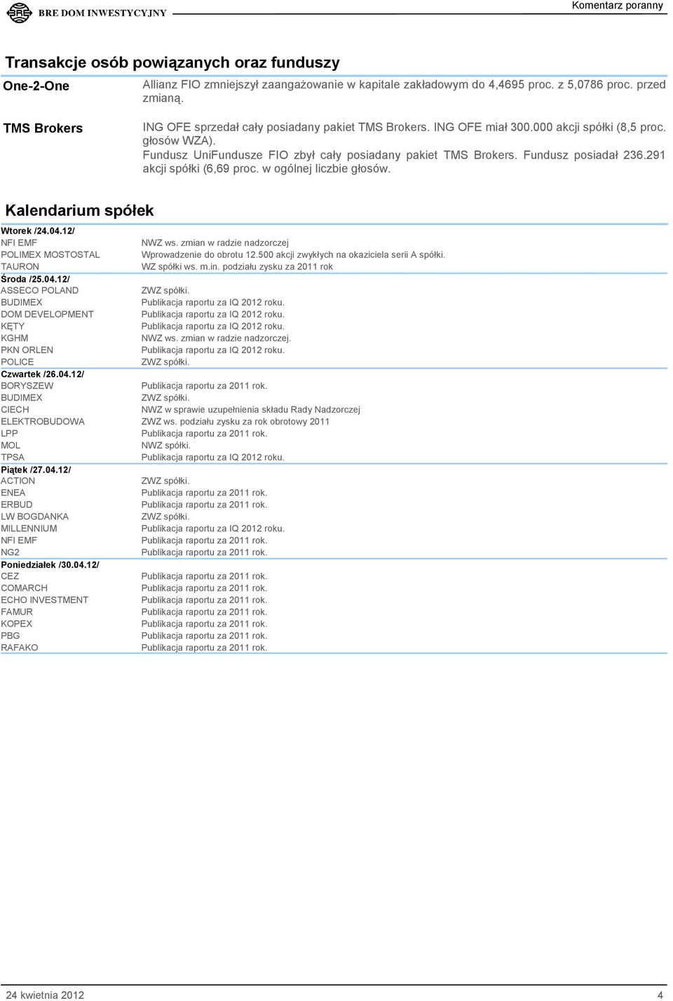 Fundusz posiadał 236.291 akcji spółki (6,69 proc. w ogólnej liczbie głosów. Kalendarium spółek Wtorek /24.04.12/ NFI EMF NWZ ws. zmian w radzie nadzorczej POLIMEX MOSTOSTAL Wprowadzenie do obrotu 12.