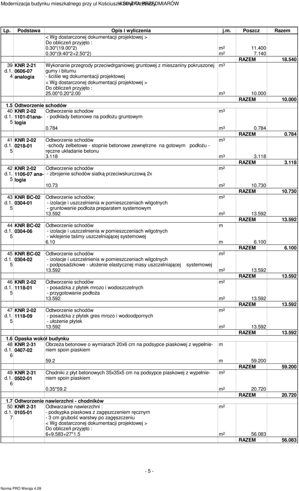 00*0.0*.00.000 RAZEM.000. Odtworzenie schodów 0 KNR -0 Odtworzenie schodow d.. -0 - podkłady betonowe na podłożu gruntowy 0.78 0.78 KNR -0 d.