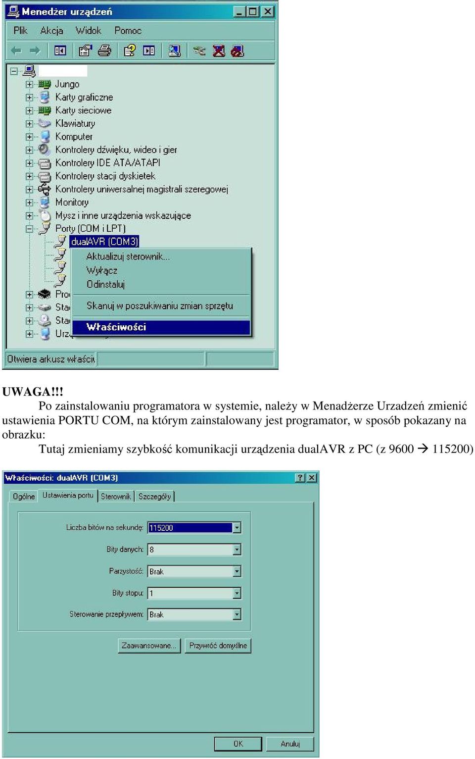 Menadżerze Urzadzeń zmienić ustawienia PORTU COM, na którym
