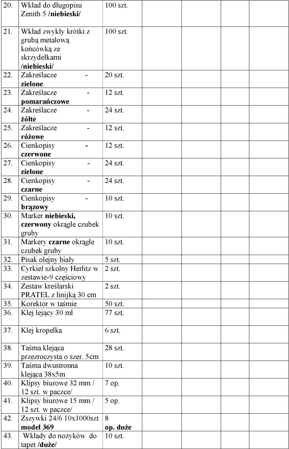 Cienkopisy - brązowy 30. Marker niebieski, czerwony okrągłe czubek gruby 31. Markery czarne okrągłe czubek gruby 32. Pisak olejny biały 5 szt. 33. Cyrkiel szkolny Herlitz w 2 szt.