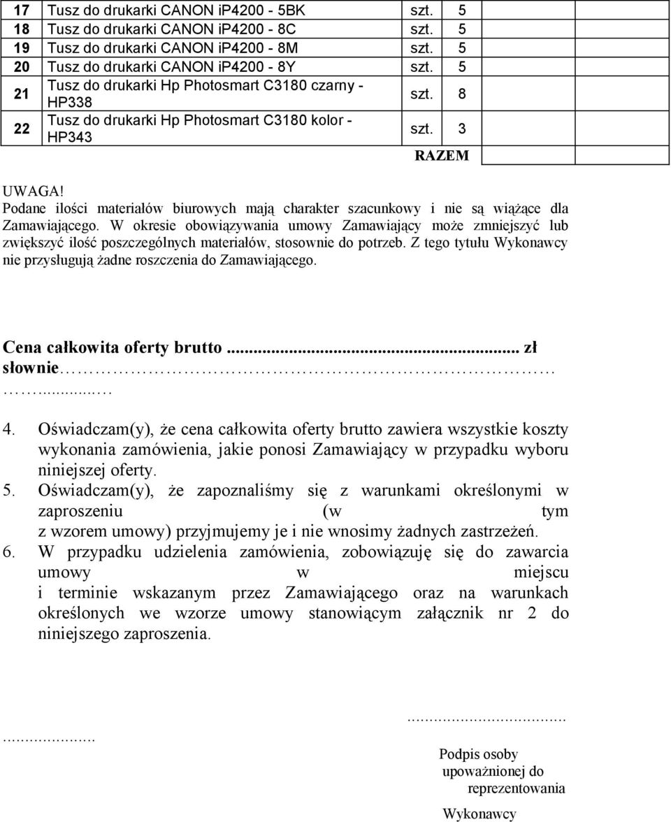 Podane ilości materiałów biurowych mają charakter szacunkowy i nie są wiążące dla Zamawiającego.