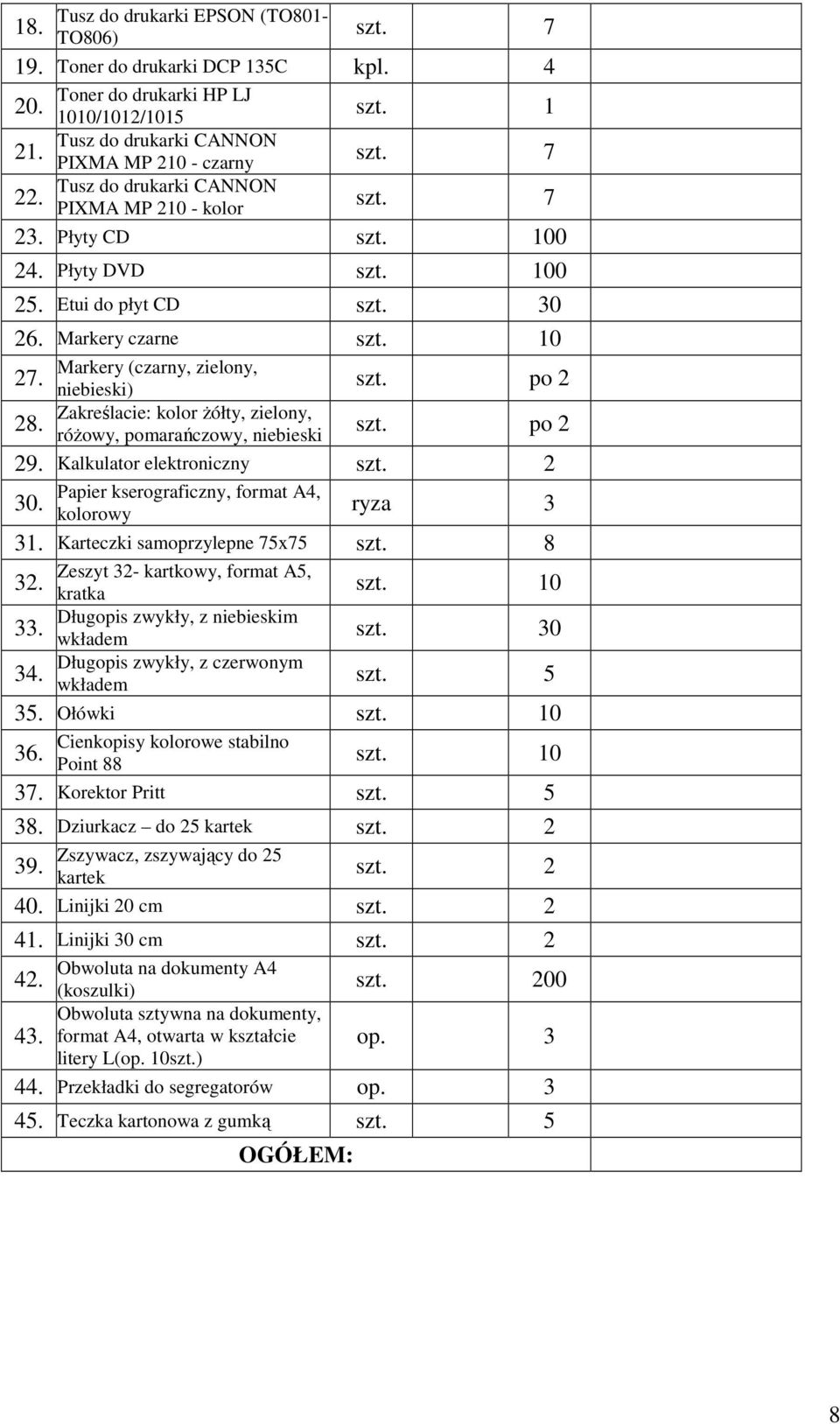 Markery czarne 27. 28. Markery (czarny, zielony, niebieski) Zakreślacie: kolor Ŝółty, zielony, róŝowy, pomarańczowy, niebieski szt. po 2 szt. po 2 29. Kalkulator elektroniczny 30.