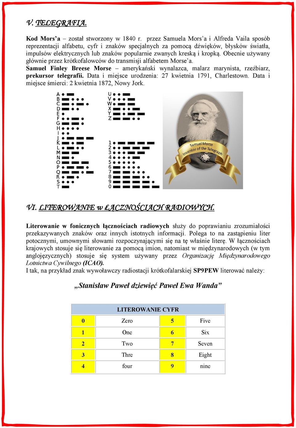 Obecnie używany głównie przez krótkofalowców do transmisji alfabetem Morse a. Samuel Finley Breese Morse amerykański wynalazca, malarz marynista, rzeźbiarz, prekursor telegrafii.